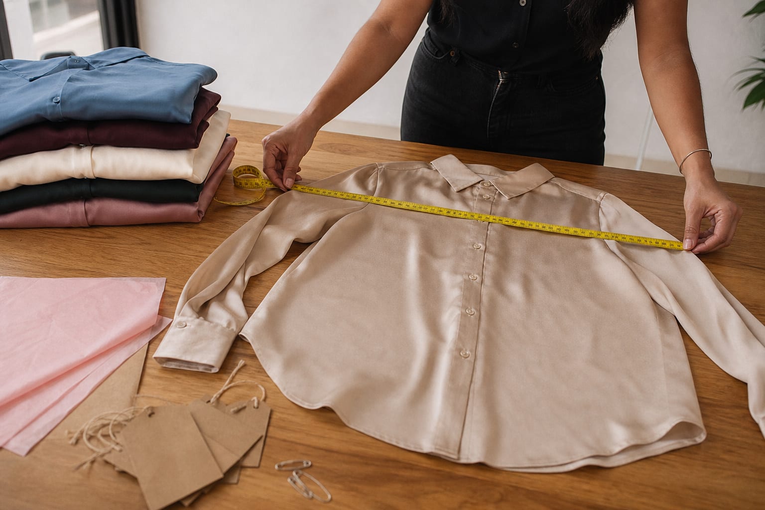 Blusa estendida sobre mesa sendo medida com fita métrica amarela