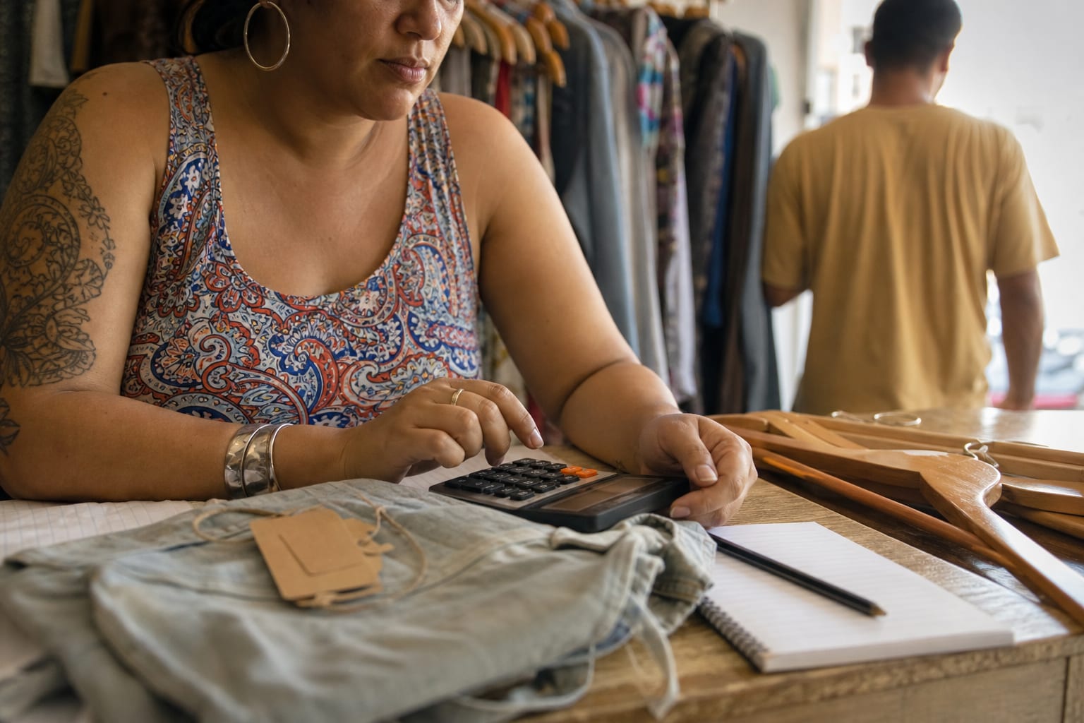 Mãos usando calculadora sobre balcão de brechó ao lado de peça dobrada